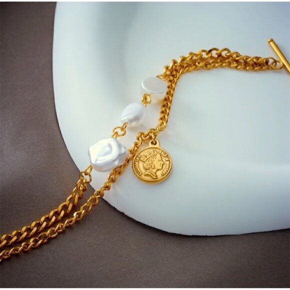 NWT 14K Gold Plated Two Strands Coin Charm Pearl Bracelet 7” - Picture 10 of 13